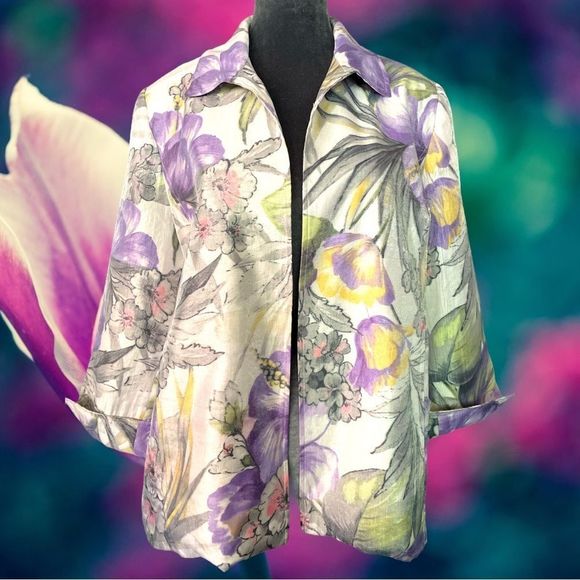 Alfred Dunner silky pretty sheen spring floral open front jacket - Picture 1 of 3